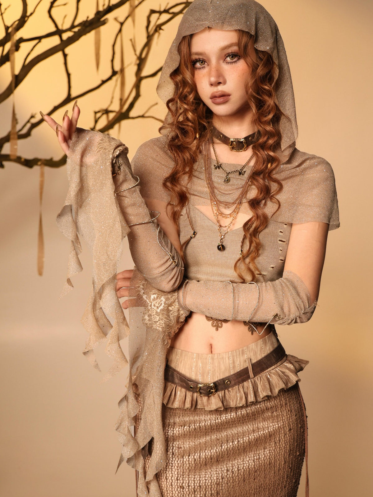 Virtual Orbit Lace Cropped Cami Shimmer Hooded Sleeves Women&