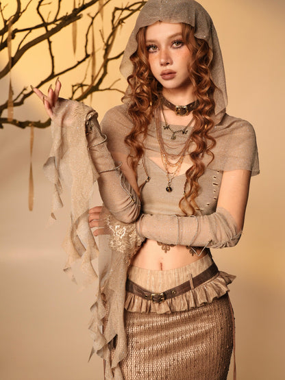 Virtual Orbit Lace Cropped Cami Shimmer Hooded Sleeves Women&