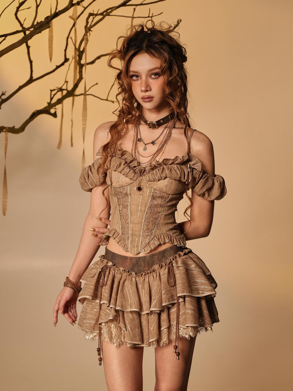 Virtual Orbit Lace Off Shoulder Cinched Waist Wasteland Retro Women&