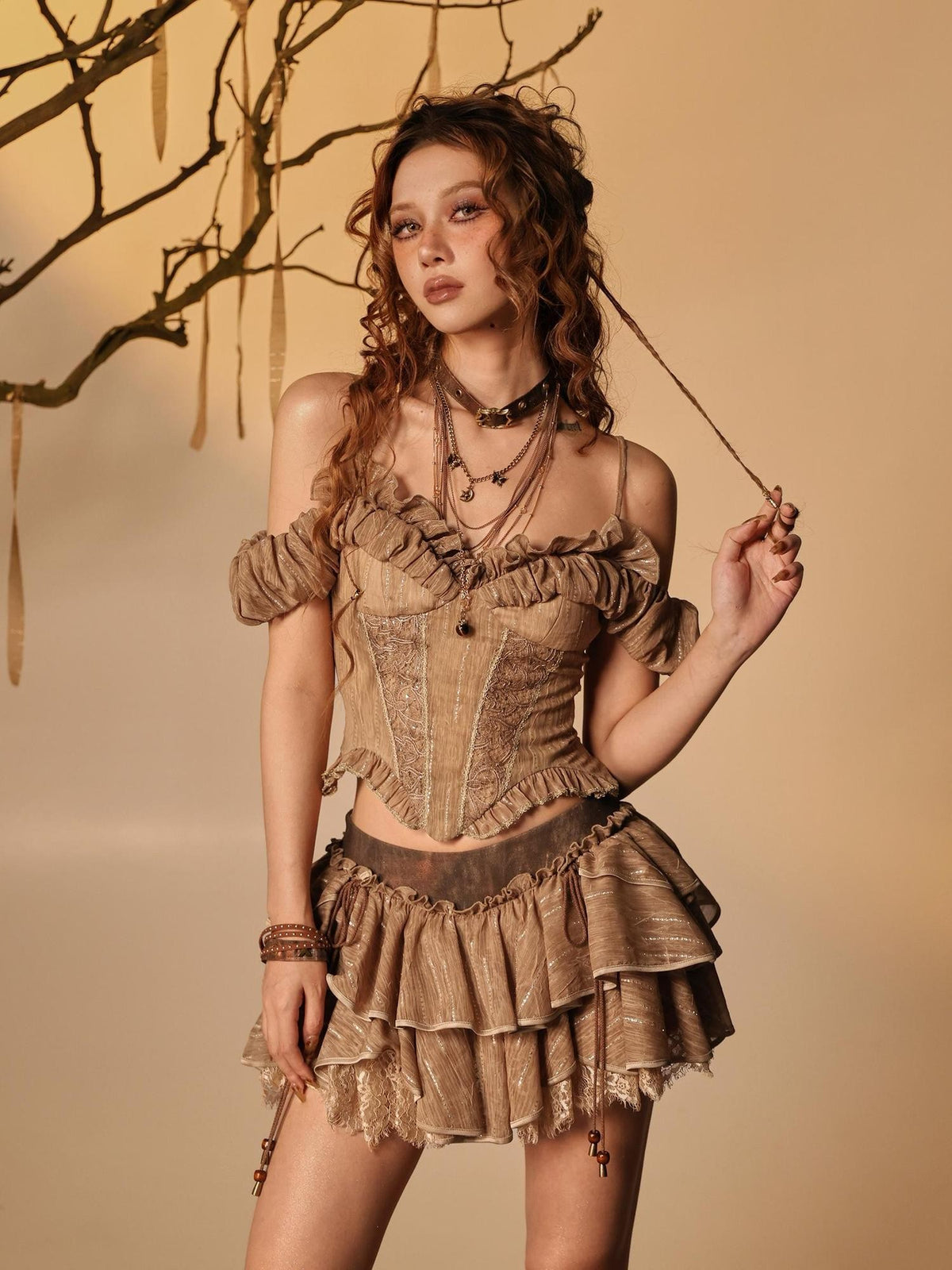 Virtual Orbit Lace Off Shoulder Cinched Waist Wasteland Retro Women&