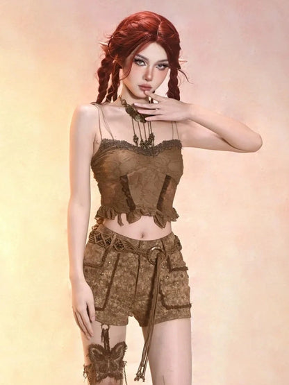 Virtual Orbit Post Apocalyptic Eroded Butterfly Denim Shorts