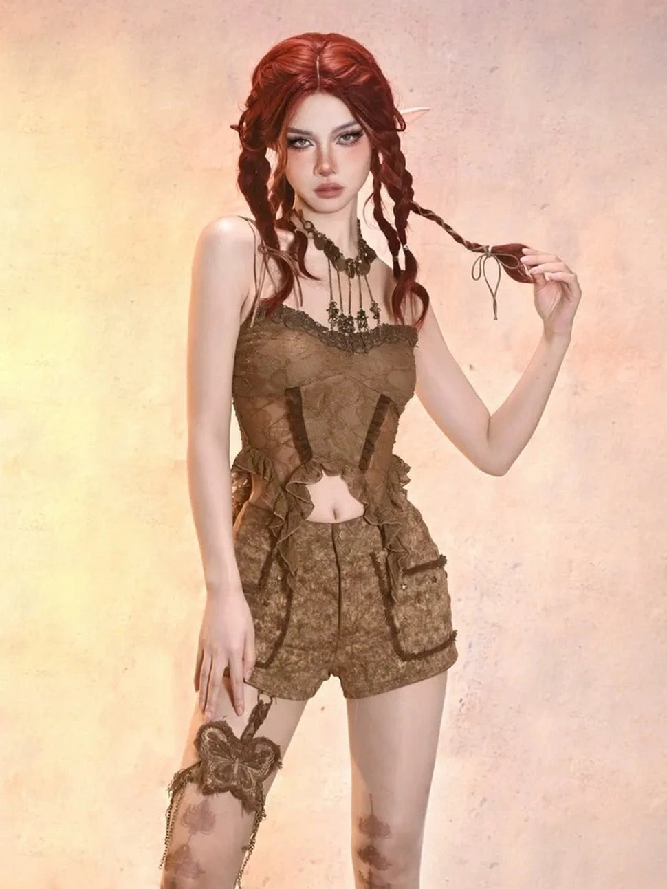 Virtual Orbit Post Apocalyptic Eroded Butterfly Denim Shorts