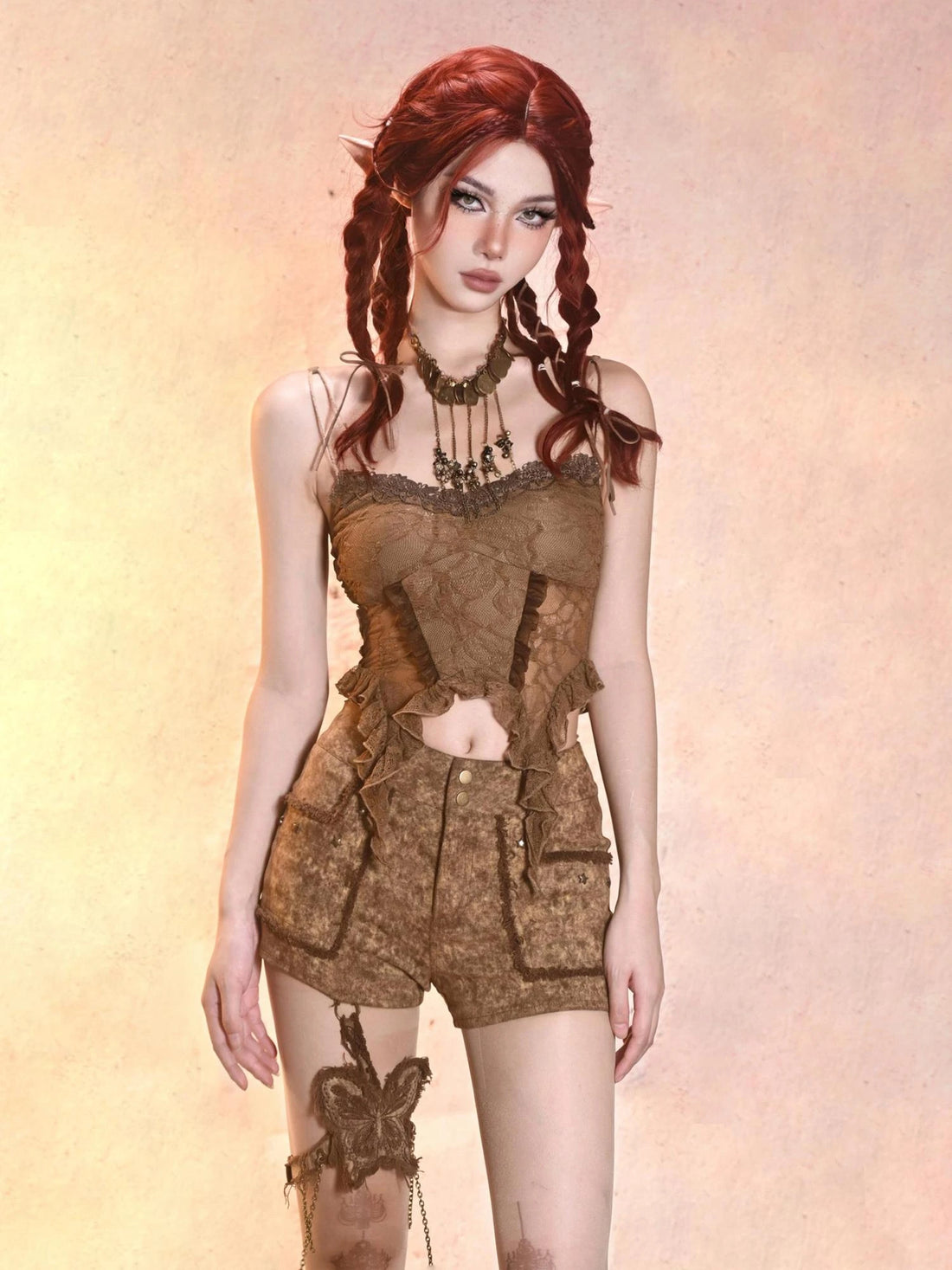 Virtual Orbit Post Apocalyptic Eroded Butterfly Denim Shorts