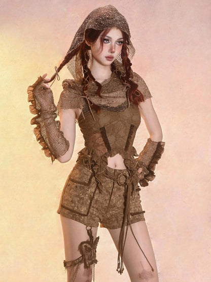 Virtual Orbit Post Apocalyptic Eroded Butterfly Denim Shorts