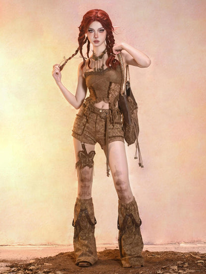 Virtual Orbit Post Apocalyptic Eroded Butterfly Denim Shorts