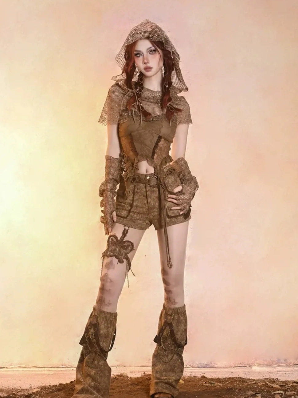 Virtual Orbit Post Apocalyptic Eroded Butterfly Denim Shorts