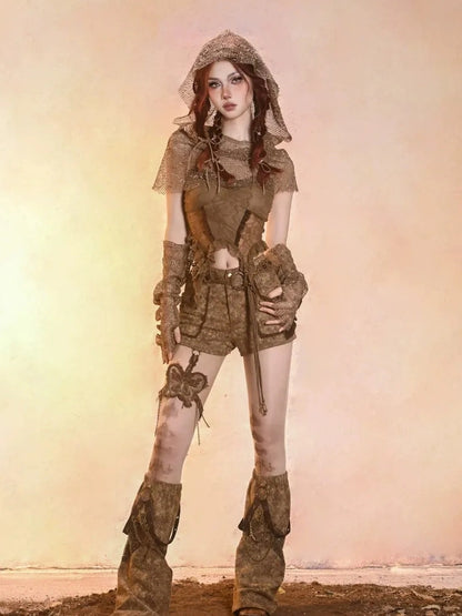 Virtual Orbit Post Apocalyptic Eroded Butterfly Denim Shorts