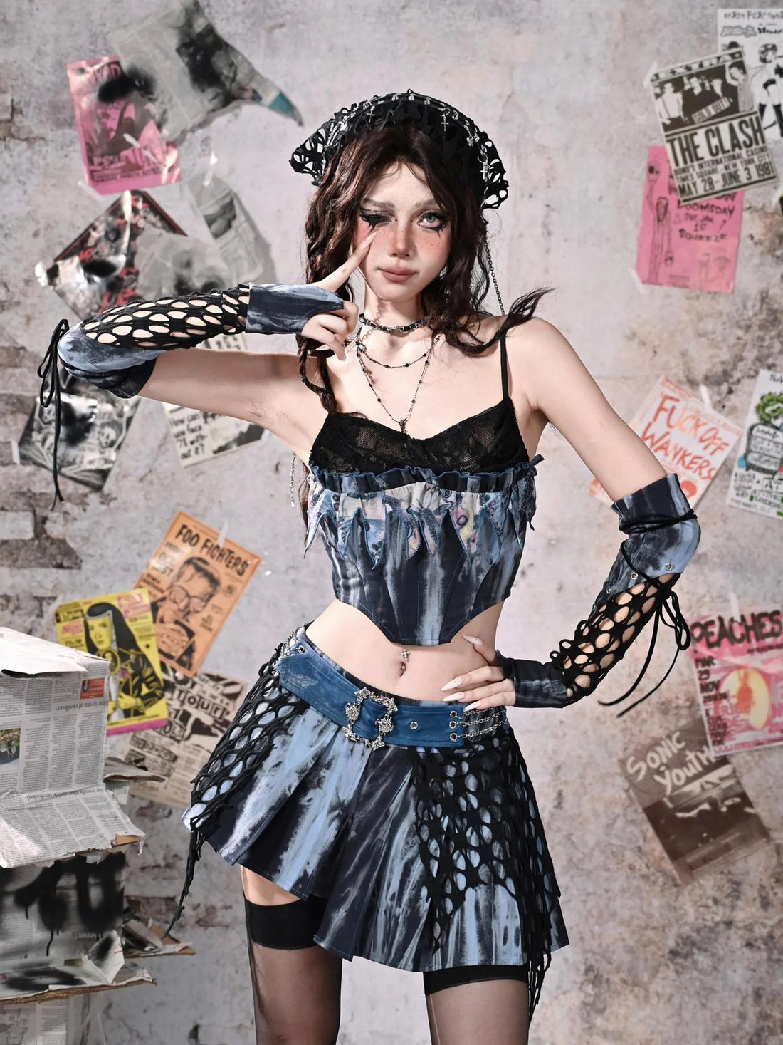 Virtual Orbit Punk Lace Butterfly Y2k Tie Dye Bustier Top