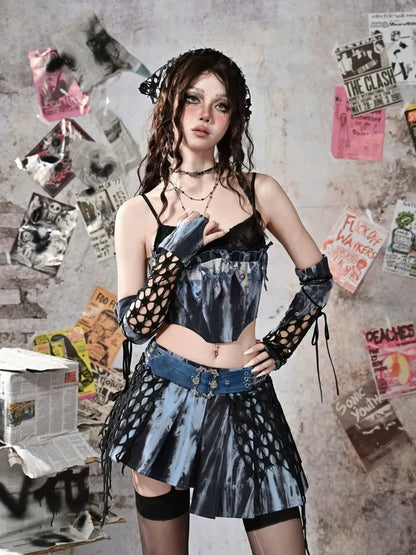 Virtual Orbit Punk Lace Butterfly Y2k Tie Dye Bustier Top