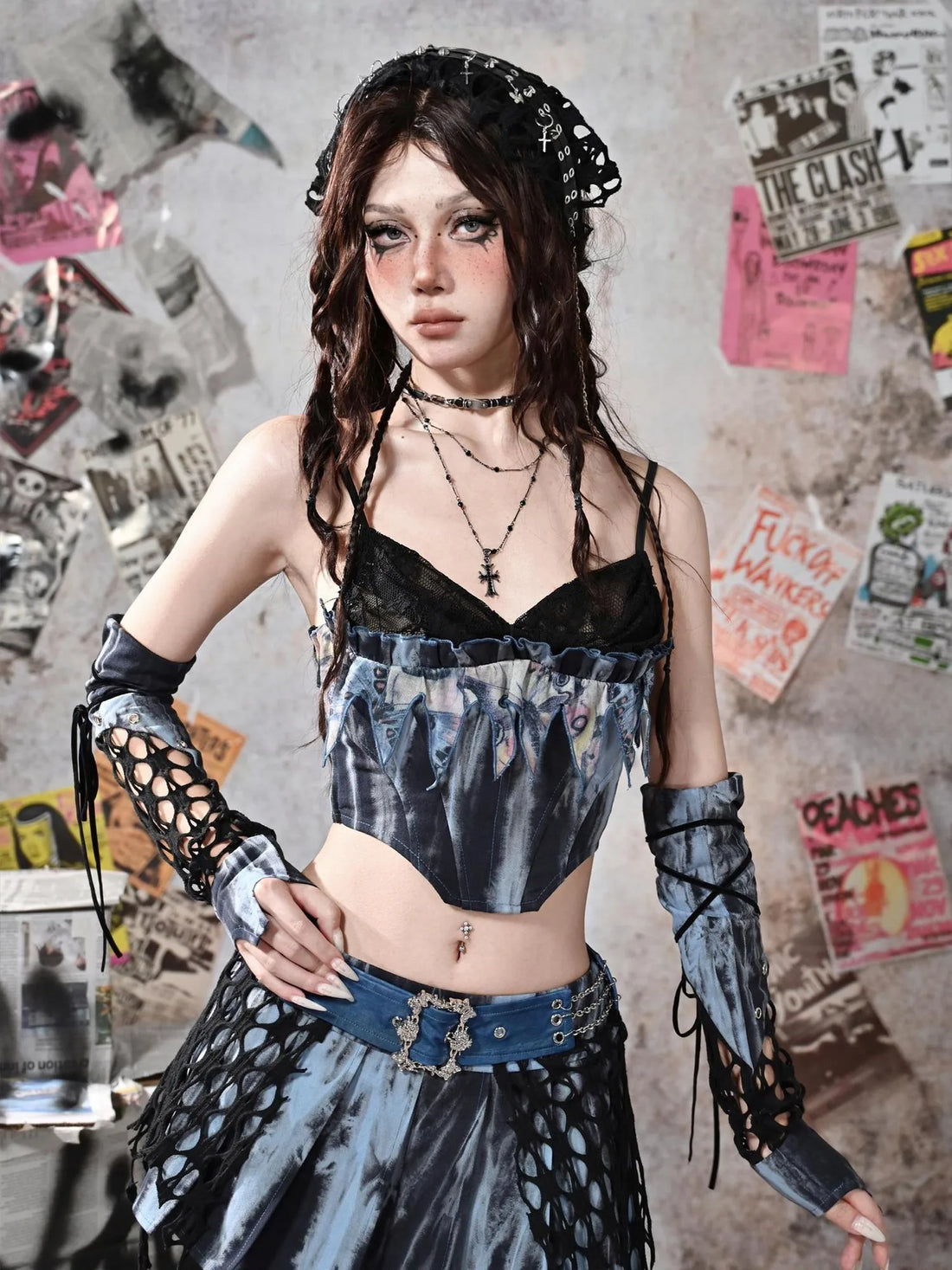 Virtual Orbit Punk Lace Butterfly Y2k Tie Dye Bustier Top