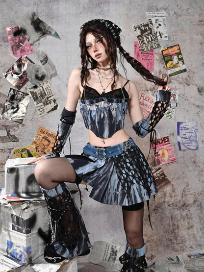 Virtual Orbit Punk Lace Butterfly Y2k Tie Dye Bustier Top