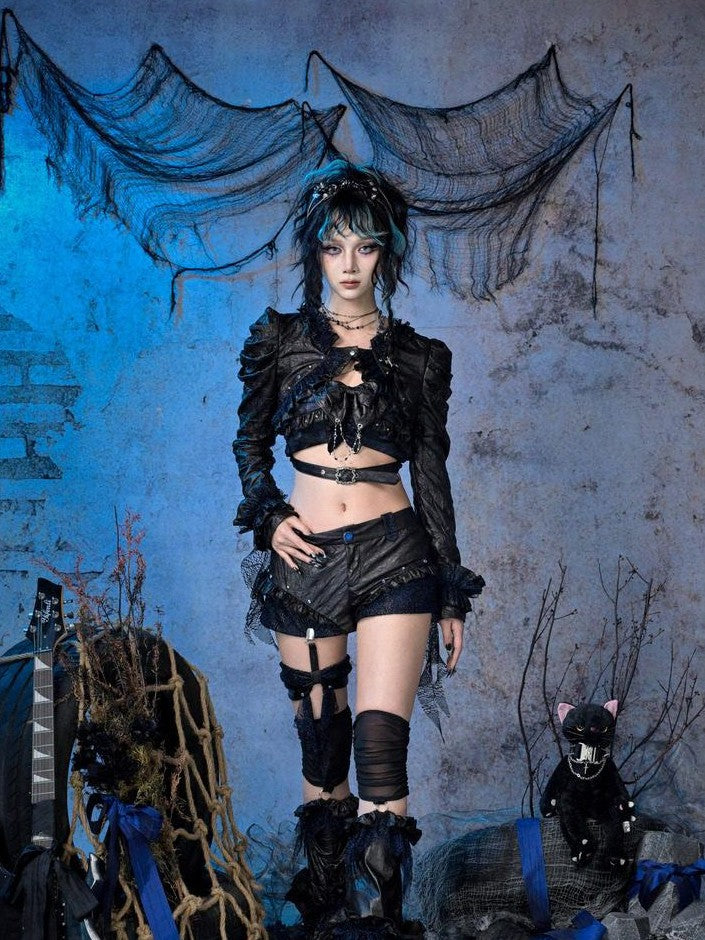 Virtual Orbit Punk Mesh Lace Ruching Sparkle Pu Women&
