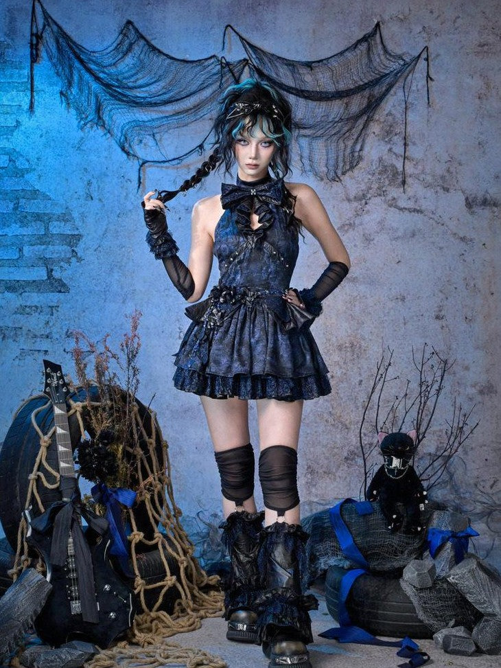 Virtual Orbit Punk Mesh Lace Ruching Sparkle Pu Women&