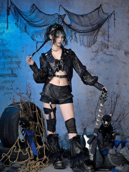 Virtual Orbit Punk Mesh Lace Ruching Sparkle Pu Women&