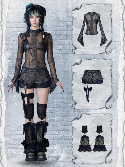 Virtual Orbit Punk Mesh Lace Ruching Sparkle Pu Women&
