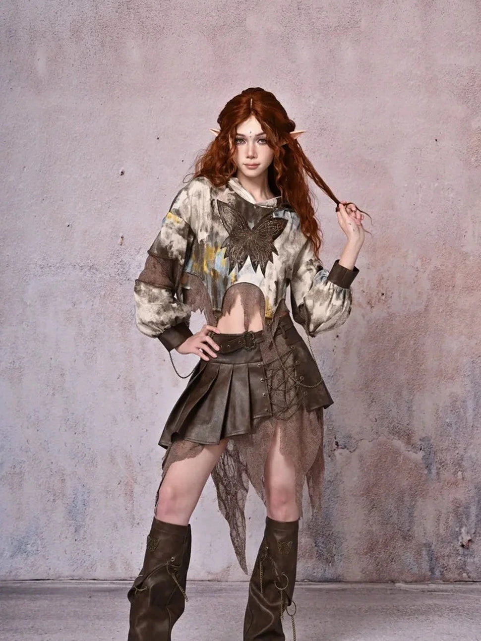 Virtual Orbit Retro Y2K Hollow Out Butterfly Chain Pu Leg Warmers