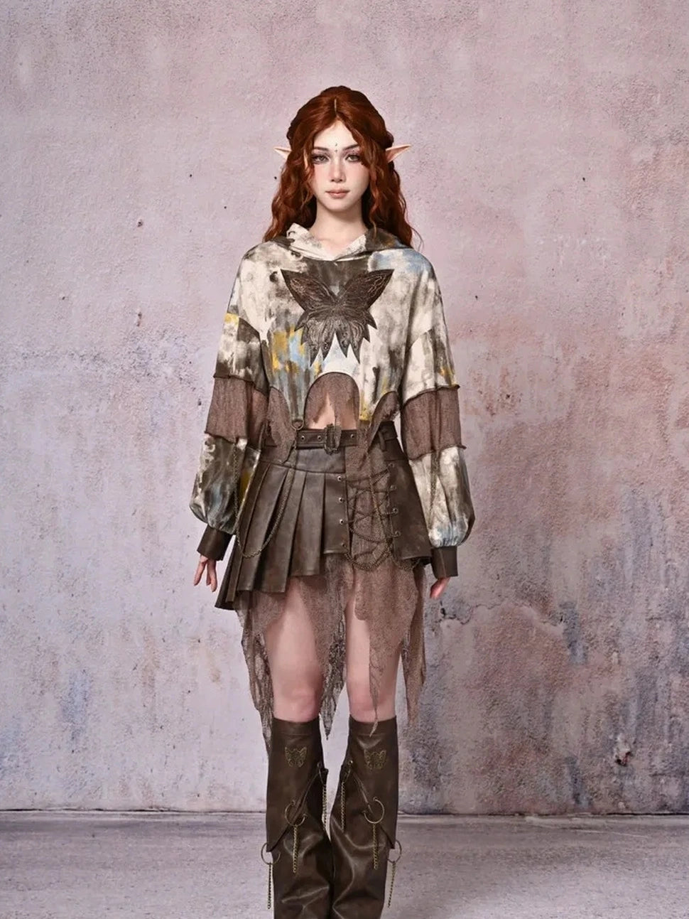 Virtual Orbit Retro Y2K Hollow Out Butterfly Chain Pu Leg Warmers