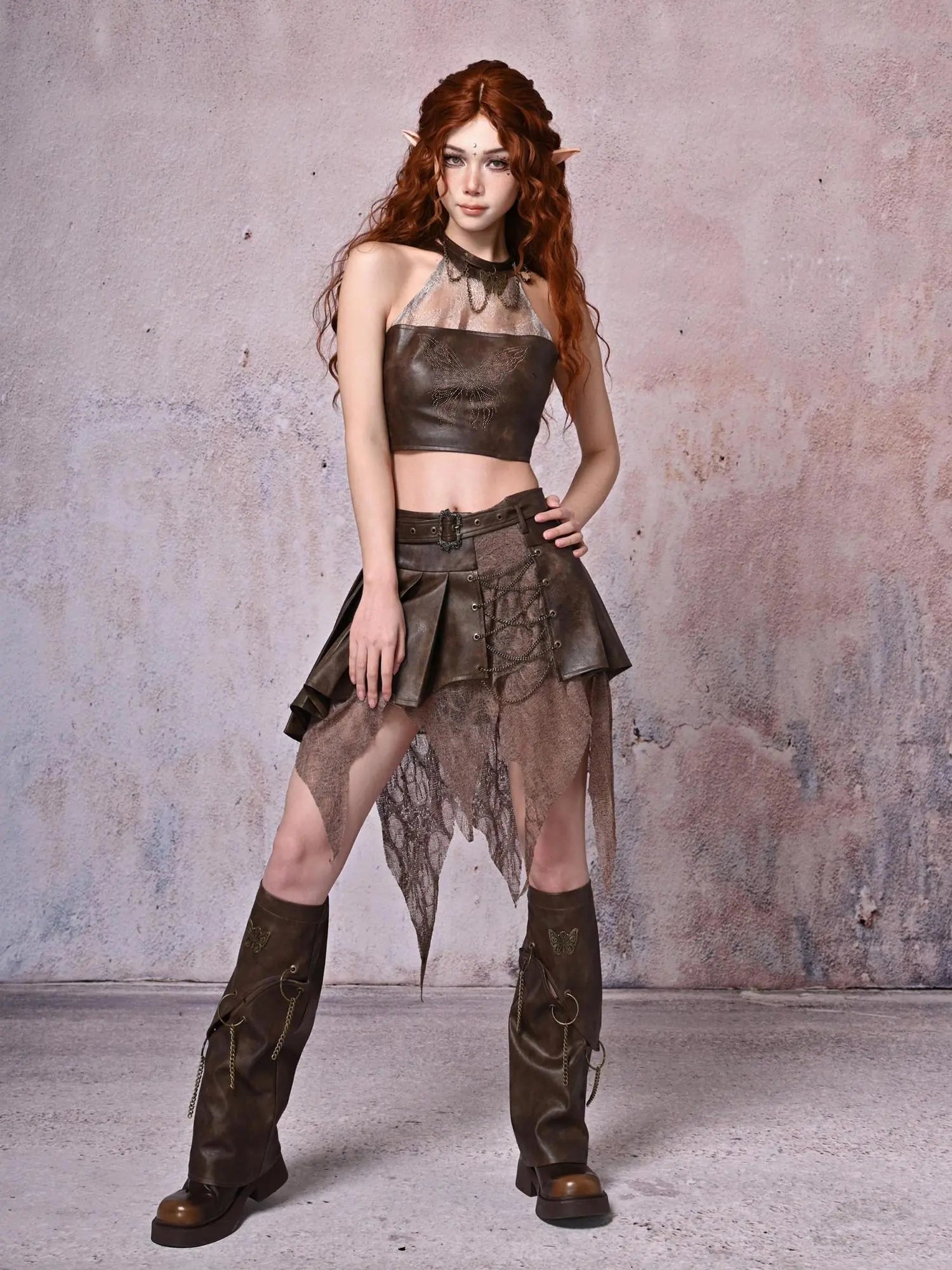 Virtual Orbit Retro Y2K Hollow Out Butterfly Chain Pu Leg Warmers