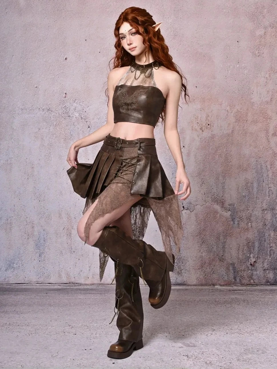 Virtual Orbit Retro Y2K Hollow Out Butterfly Chain Pu Leg Warmers