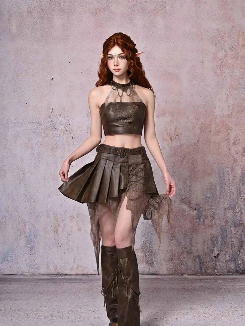 Virtual Orbit Retro Y2K Hollow Out Butterfly Chain Pu Leg Warmers