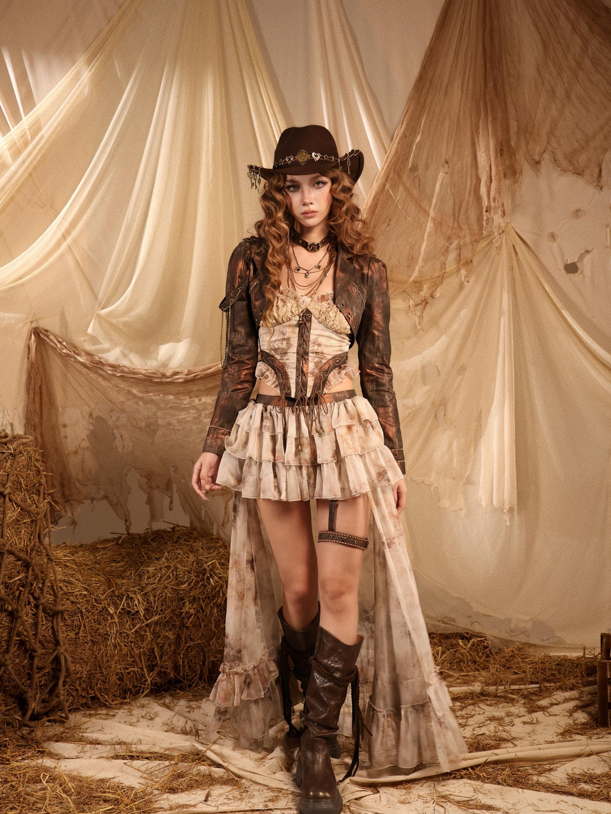 Virtual Orbit Romantic Nomadic Wasteland Dawn Train High Waist H Type Lace Chiffon Women&
