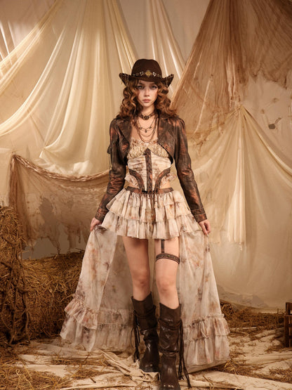 Virtual Orbit Romantic Nomadic Wasteland Dawn Train High Waist H Type Lace Chiffon Women&