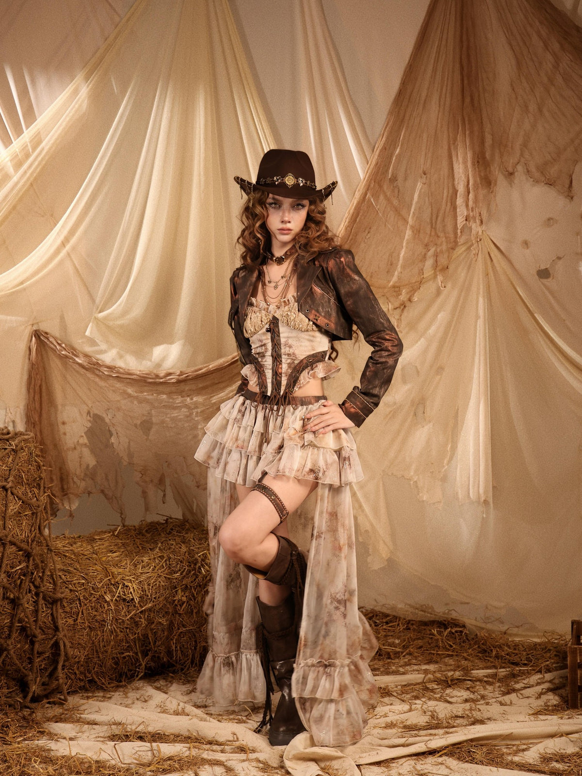 Virtual Orbit Romantic Nomadic Wasteland Dawn Train High Waist H Type Lace Chiffon Women&