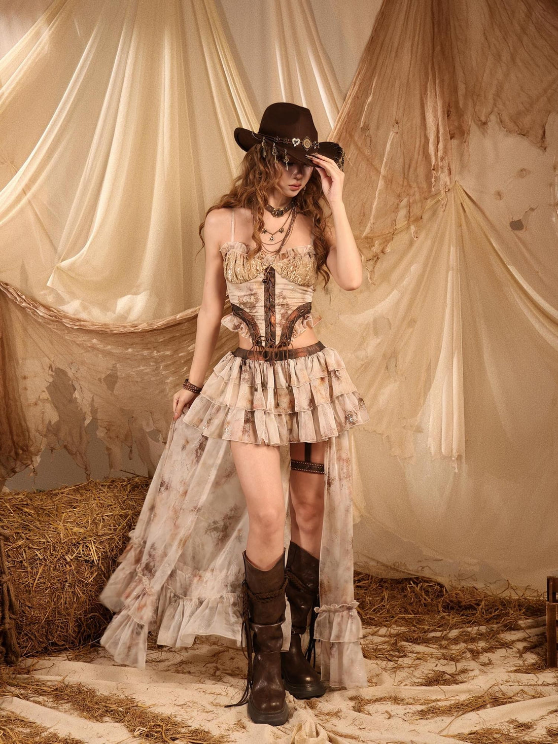 Virtual Orbit Romantic Nomadic Wasteland Dawn Train High Waist H Type Lace Chiffon Women&