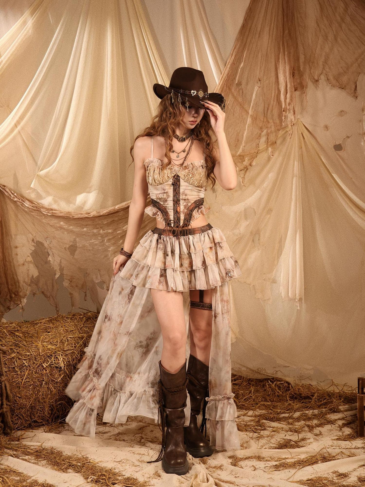 Virtual Orbit Romantic Nomadic Wasteland Dawn Train High Waist H Type Lace Chiffon Women&