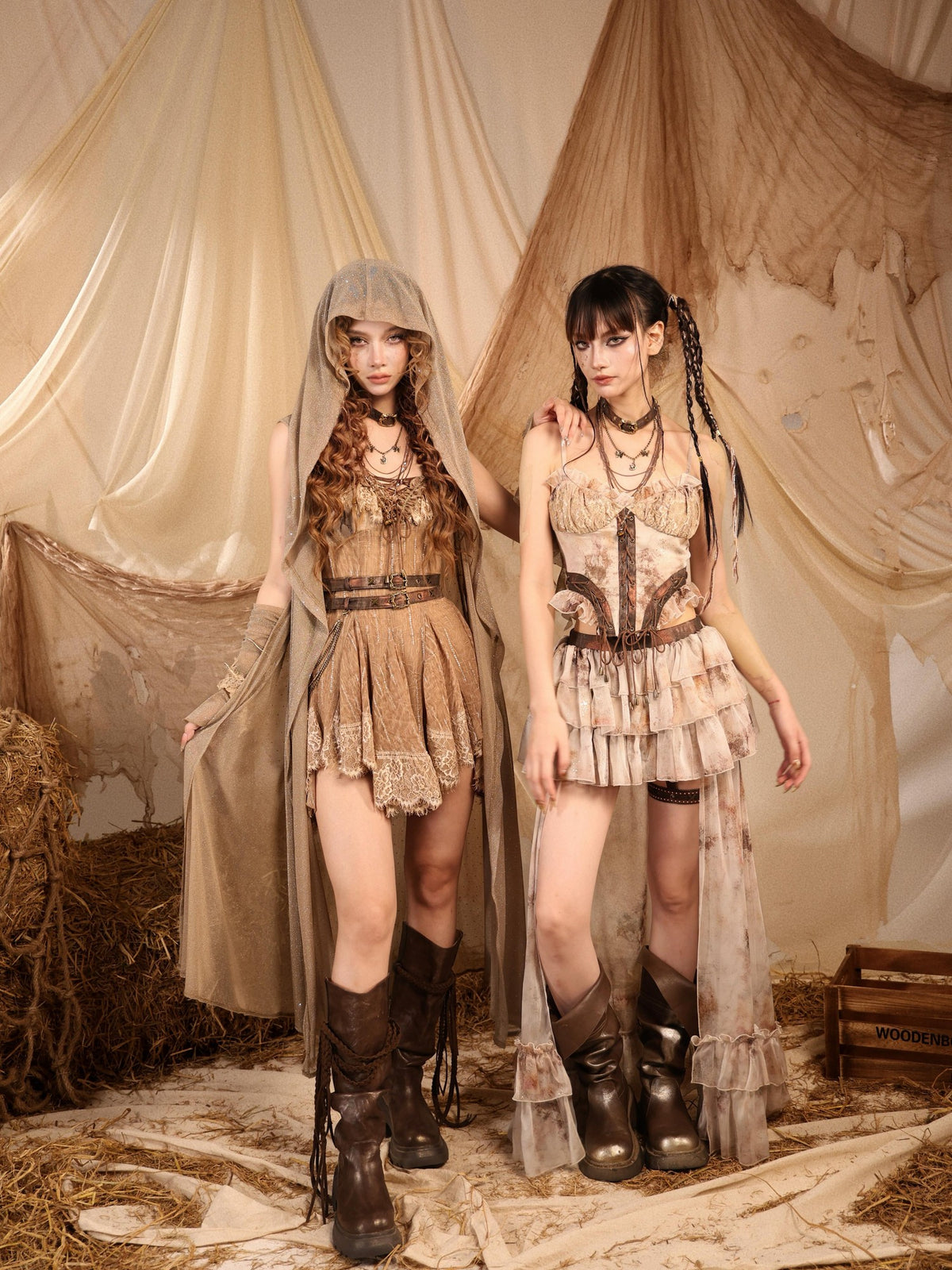 Virtual Orbit Romantic Nomadic Wasteland Dawn Train High Waist H Type Lace Chiffon Women&