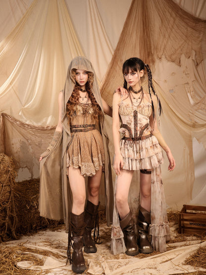 Virtual Orbit Romantic Nomadic Wasteland Dawn Train High Waist H Type Lace Chiffon Women&