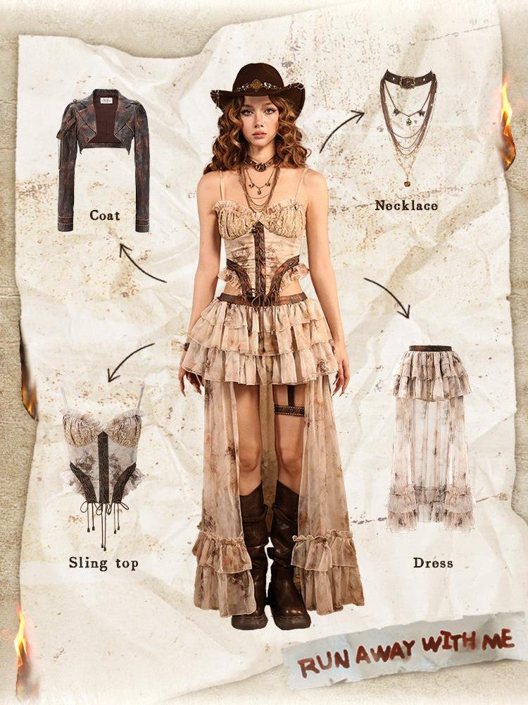 Virtual Orbit Romantic Nomadic Wasteland Dawn Train High Waist H Type Lace Chiffon Women&