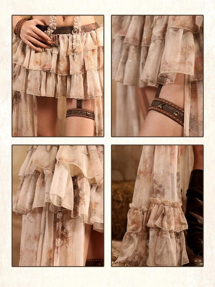 Virtual Orbit Romantic Nomadic Wasteland Dawn Train High Waist H Type Lace Chiffon Women&