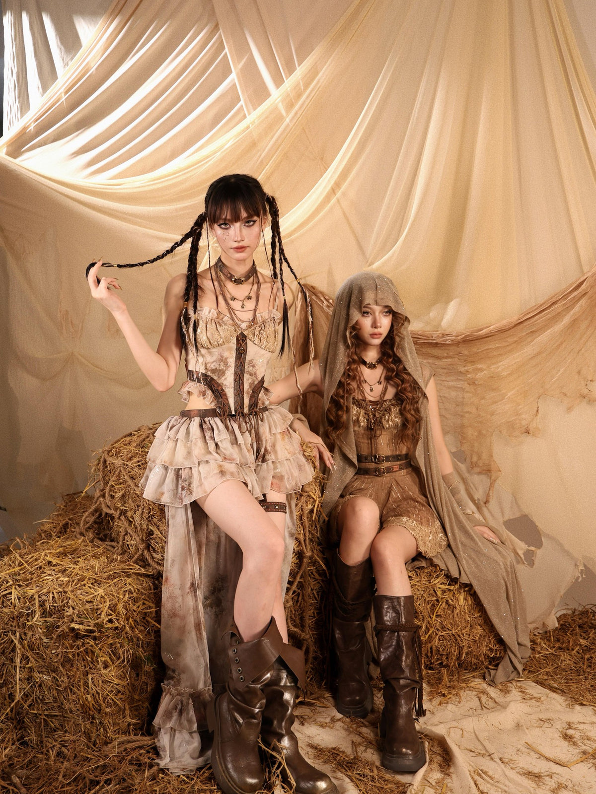 Virtual Orbit Romantic Nomadic Wasteland Lace Up Chiffon Women&