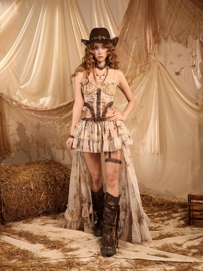 Virtual Orbit Romantic Nomadic Wasteland Lace Up Chiffon Women&