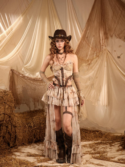 Virtual Orbit Romantic Nomadic Wasteland Lace Up Chiffon Women&