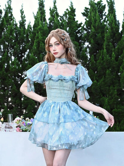 Virtual Orbit Rosette Dream Sheer Chiffon Ruffle Sleeve V-neck Dress