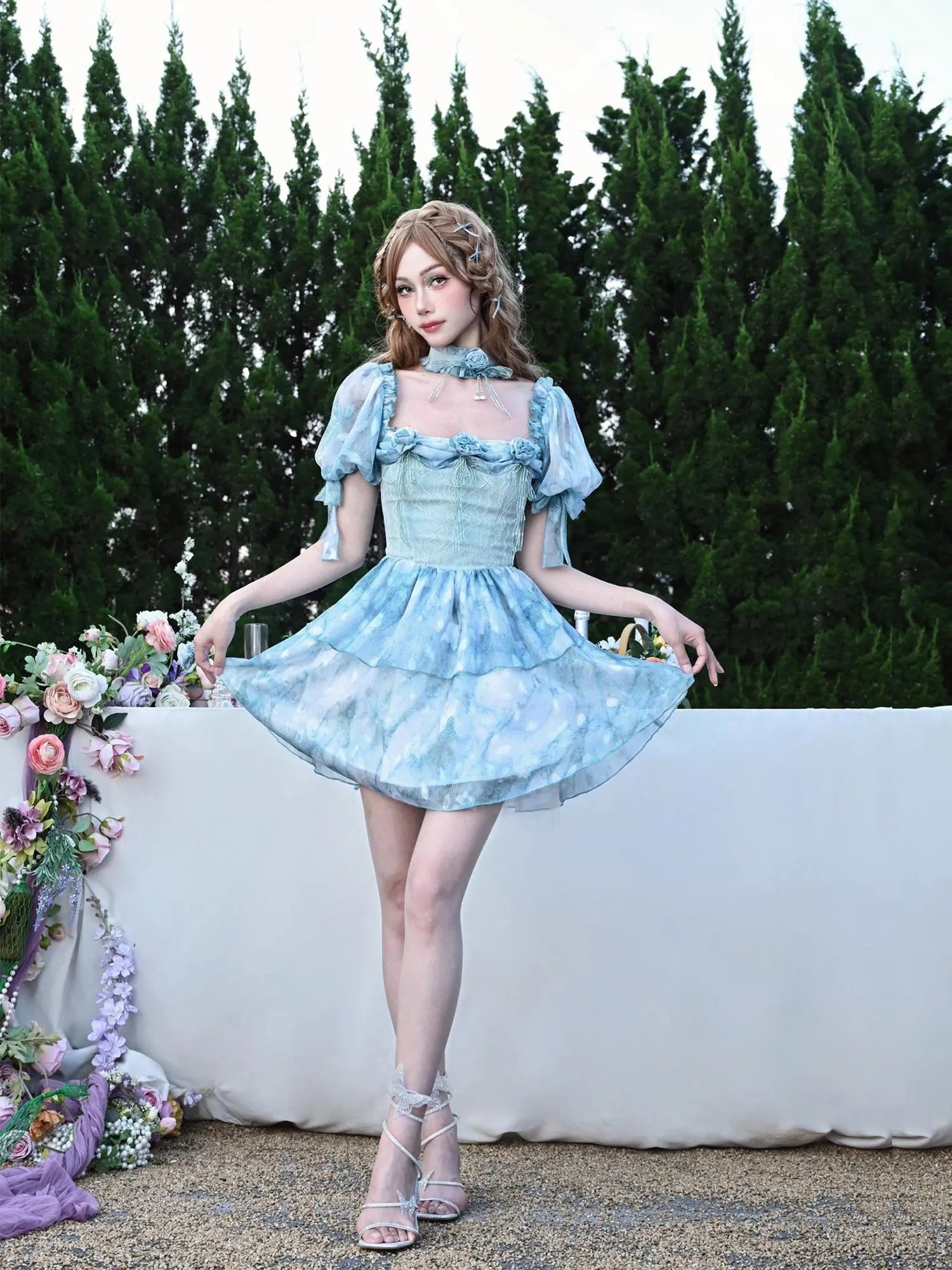 Virtual Orbit Rosette Dream Sheer Chiffon Ruffle Sleeve V-neck Dress