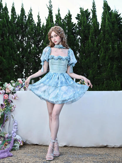 Virtual Orbit Rosette Dream Sheer Chiffon Ruffle Sleeve V-neck Dress