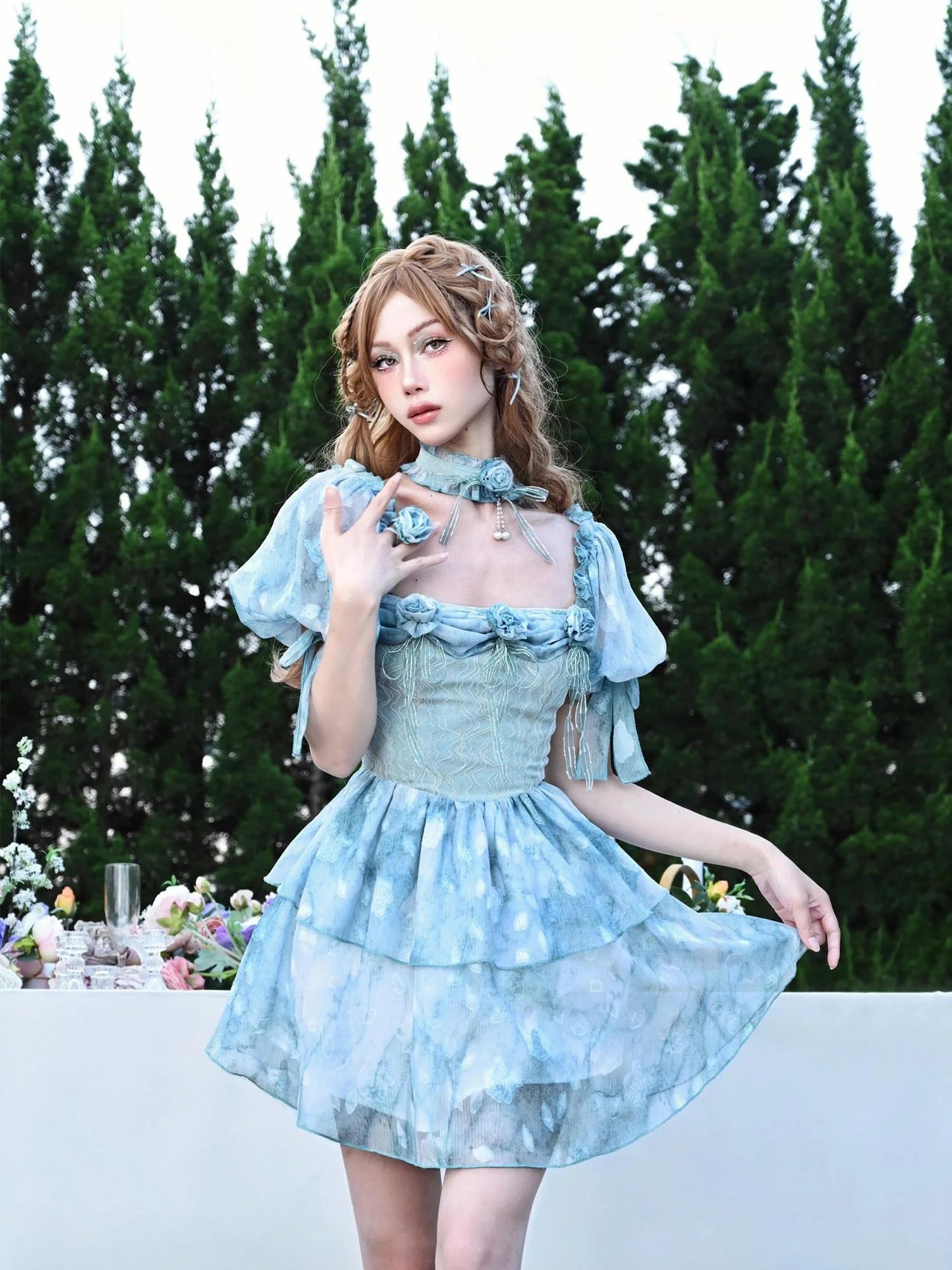 Virtual Orbit Rosette Dream Sheer Chiffon Ruffle Sleeve V-neck Dress