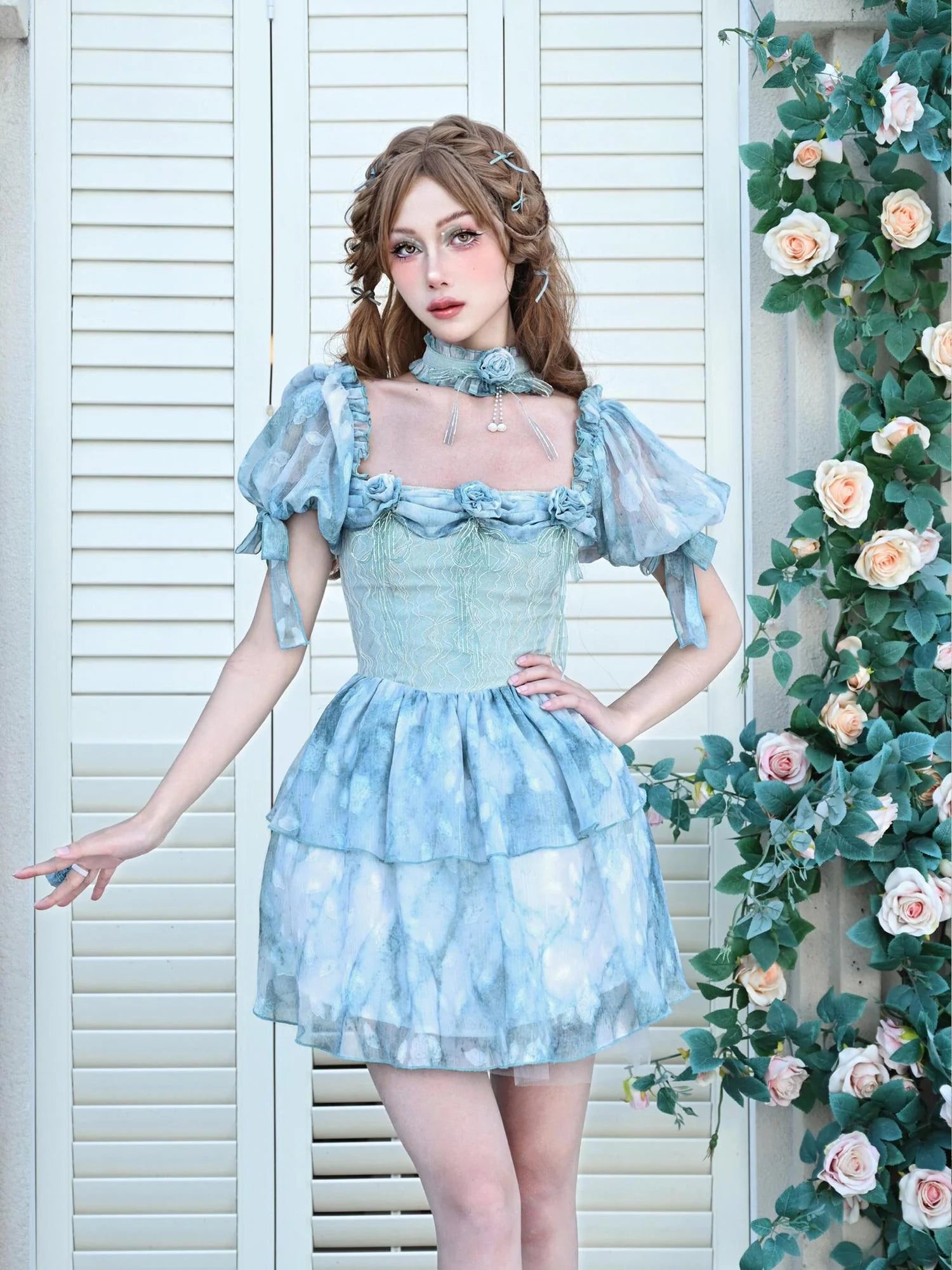 Virtual Orbit Rosette Dream Sheer Chiffon Ruffle Sleeve V-neck Dress