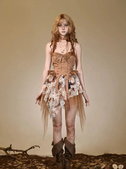 Virtual Orbit Ruined Romance Asymmetric Burnout Lace Dress