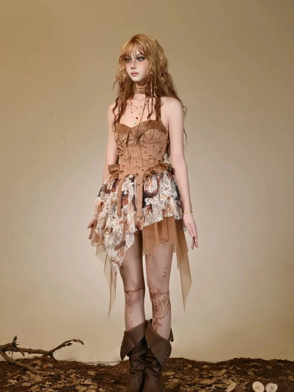 Virtual Orbit Ruined Romance Asymmetric Burnout Lace Dress