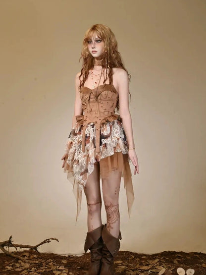 Virtual Orbit Ruined Romance Asymmetric Burnout Lace Dress