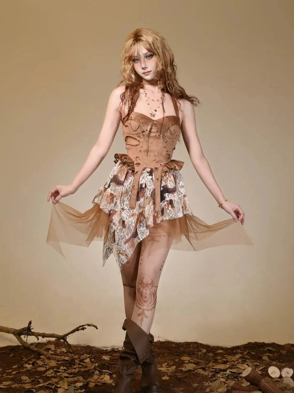 Virtual Orbit Ruined Romance Asymmetric Burnout Lace Dress