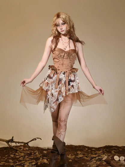 Virtual Orbit Ruined Romance Asymmetric Burnout Lace Dress