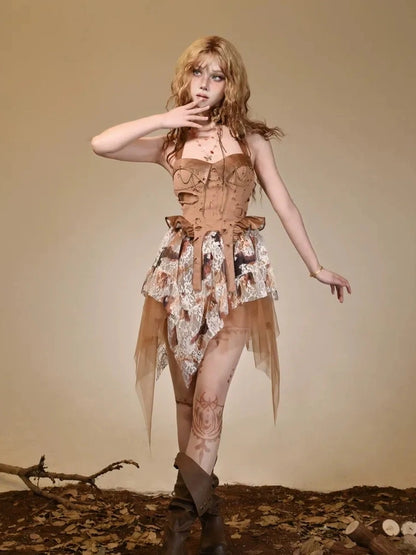 Virtual Orbit Ruined Romance Asymmetric Burnout Lace Dress