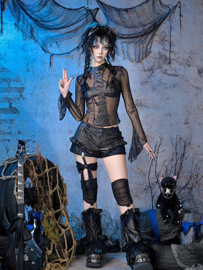 Virtual Orbit Sheer Mesh Studded Cross Punk Women&