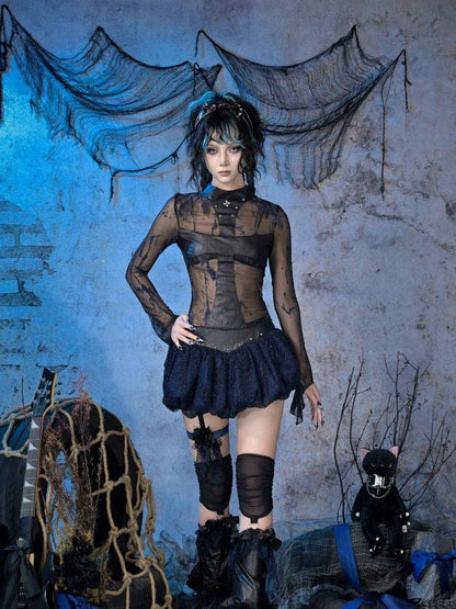 Virtual Orbit Sheer Mesh Studded Cross Punk Women&