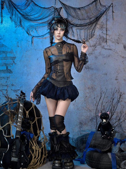 Virtual Orbit Sheer Mesh Studded Cross Punk Women&